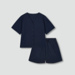 JAJU Seersucker V-Neck 3-Length Pajama Set (Navy) — лёгкость и комфорт для тёплых дней