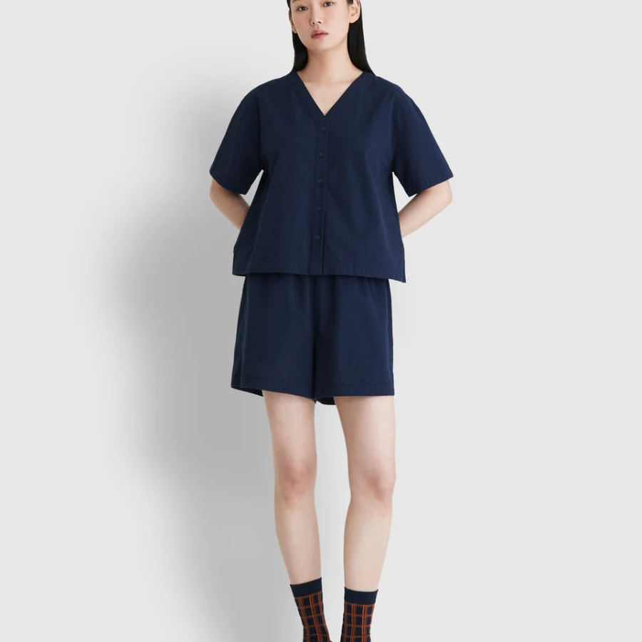 JAJU Seersucker V-Neck 3-Length Pajama Set (Navy) — лёгкость и комфорт для тёплых дней