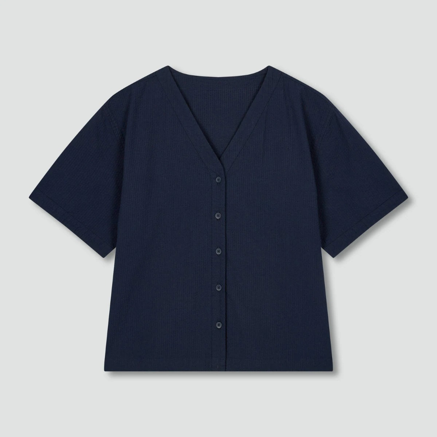 JAJU Seersucker V-Neck 3-Length Pajama Set (Navy) — лёгкость и комфорт для тёплых дней