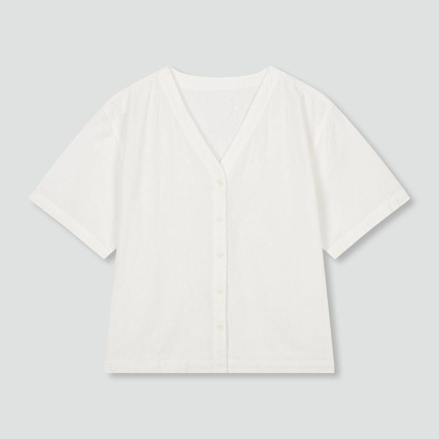 JAJU Seersucker V-Neck 3-Length Pajama Set (White) — лёгкость и свежесть для комфортного отдыха