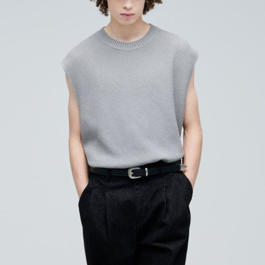 Textured Crew Neck Knit Vest [Light Grey]
