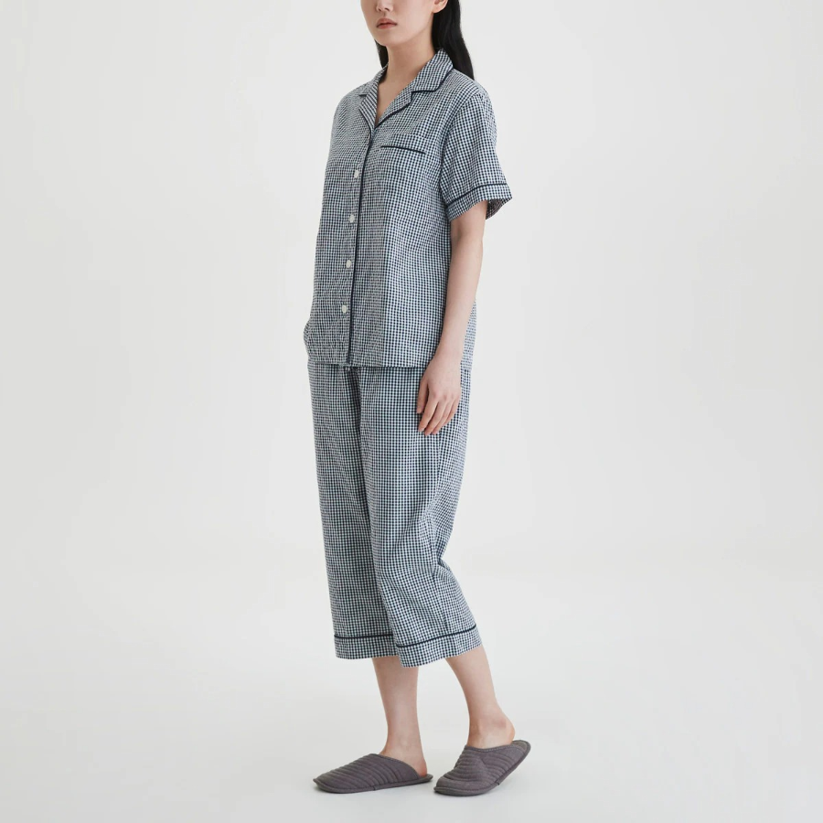 JAJU Cotton Seersucker 3/4 Sleeve Pajama Set (Light Navy) — лёгкость и свежесть в классическом исполнении