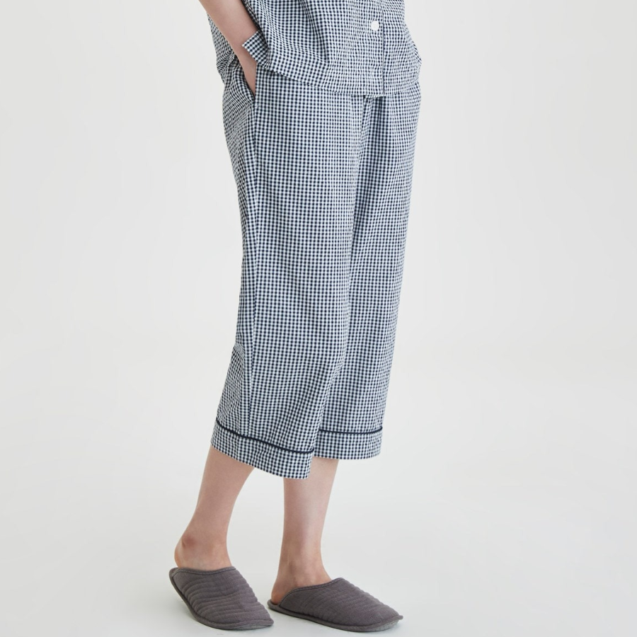 JAJU Cotton Seersucker 3/4 Sleeve Pajama Set (Light Navy) — лёгкость и свежесть в классическом исполнении
