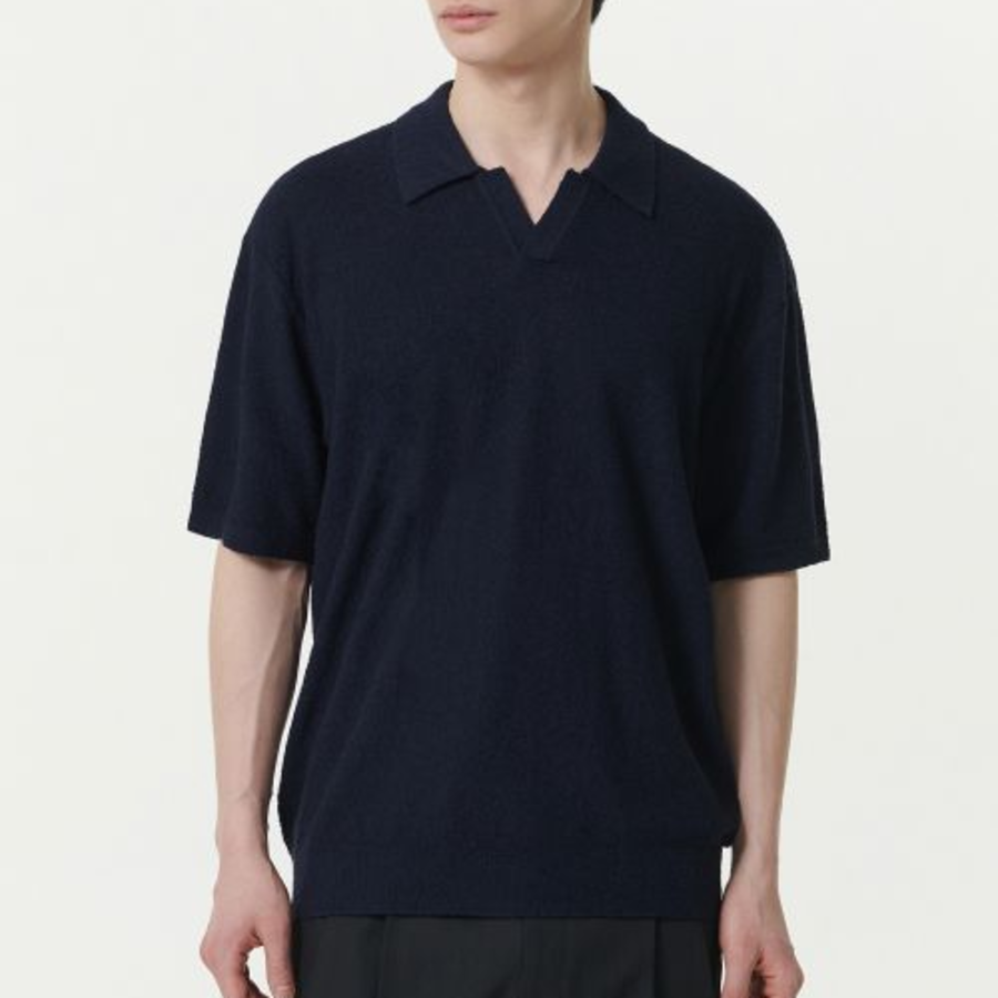 Bouclé Slit-Neck Knitted Polo Shirt [Navy]