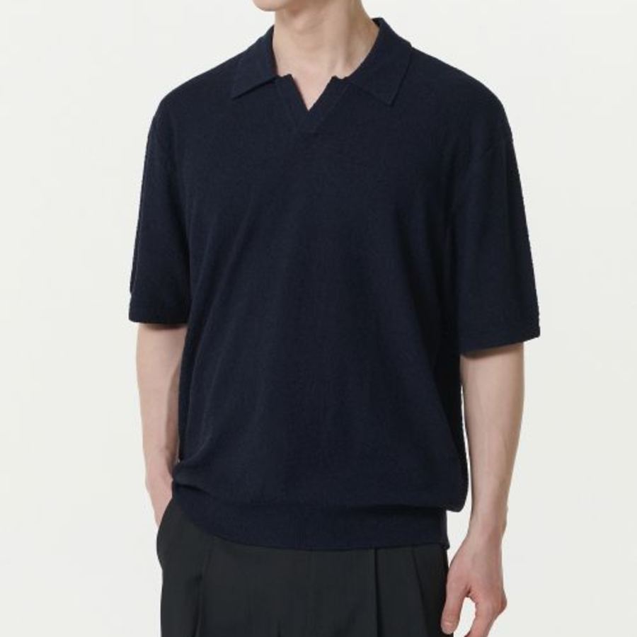 Bouclé Slit-Neck Knitted Polo Shirt [Navy]
