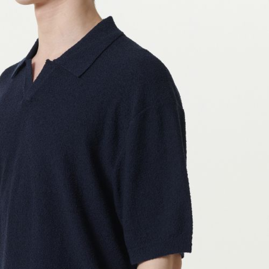 Bouclé Slit-Neck Knitted Polo Shirt [Navy]