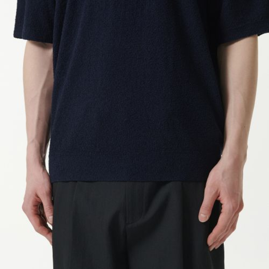 Bouclé Slit-Neck Knitted Polo Shirt [Navy]