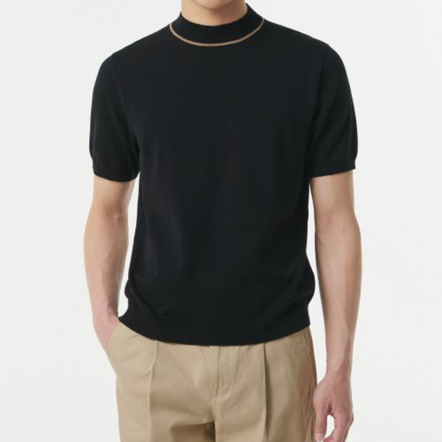 Mock Neck Tipping Short Sleeve Knit [Black]