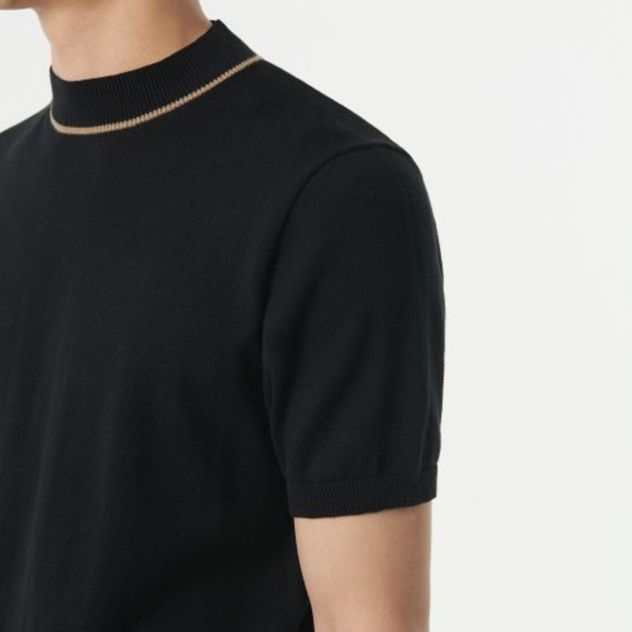Mock Neck Tipping Short Sleeve Knit [Black]