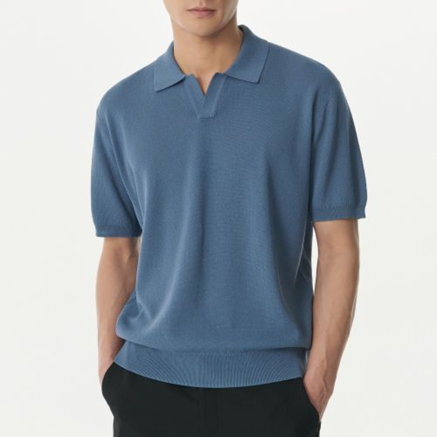 Cool Touch Slit-Neck Knitted Polo Shirt [Blue Gray]
