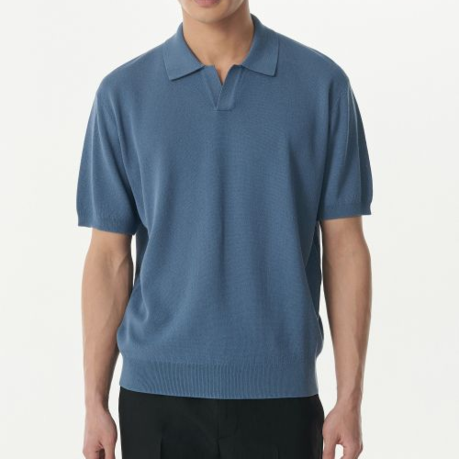 Cool Touch Slit-Neck Knitted Polo Shirt [Blue Gray]