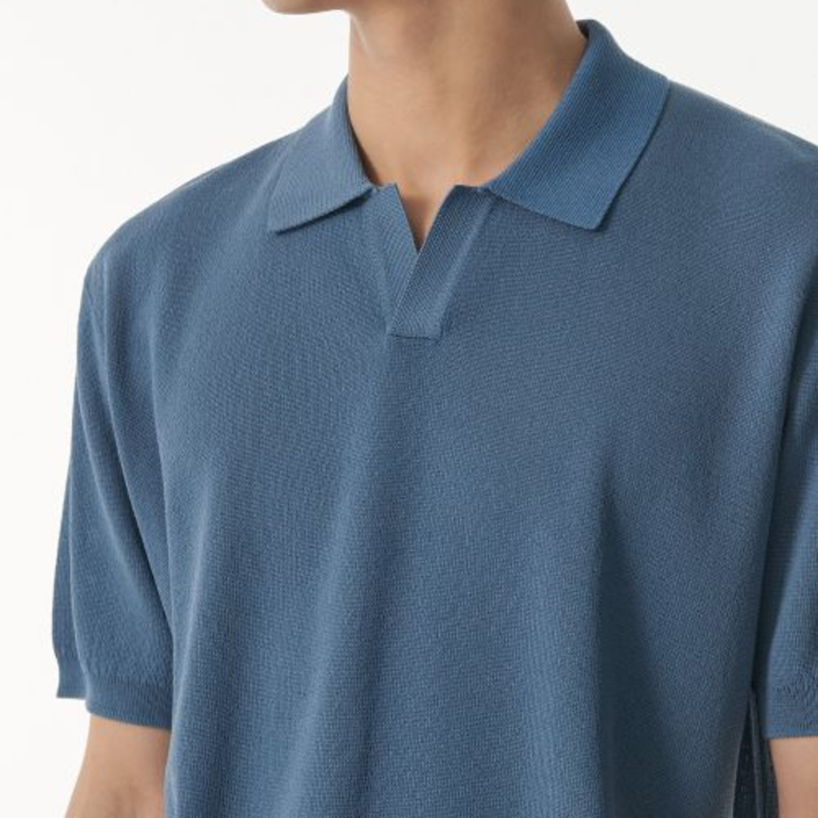 Cool Touch Slit-Neck Knitted Polo Shirt [Blue Gray]