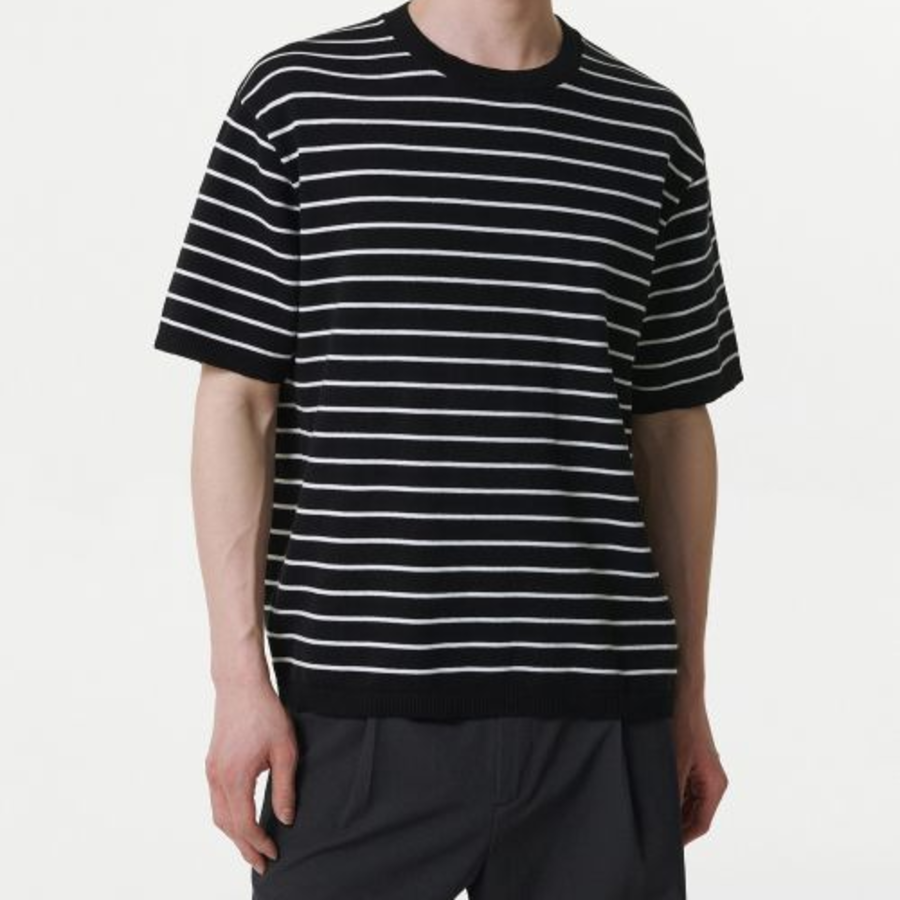 Stripe Crew Neck Short Sleeve Knit [Black/White]