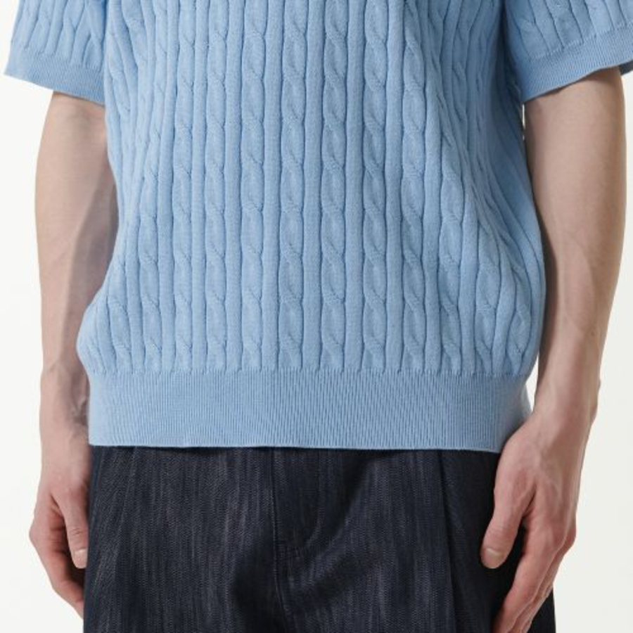 Cable Knitted Polo Shirt [Sky Blue]