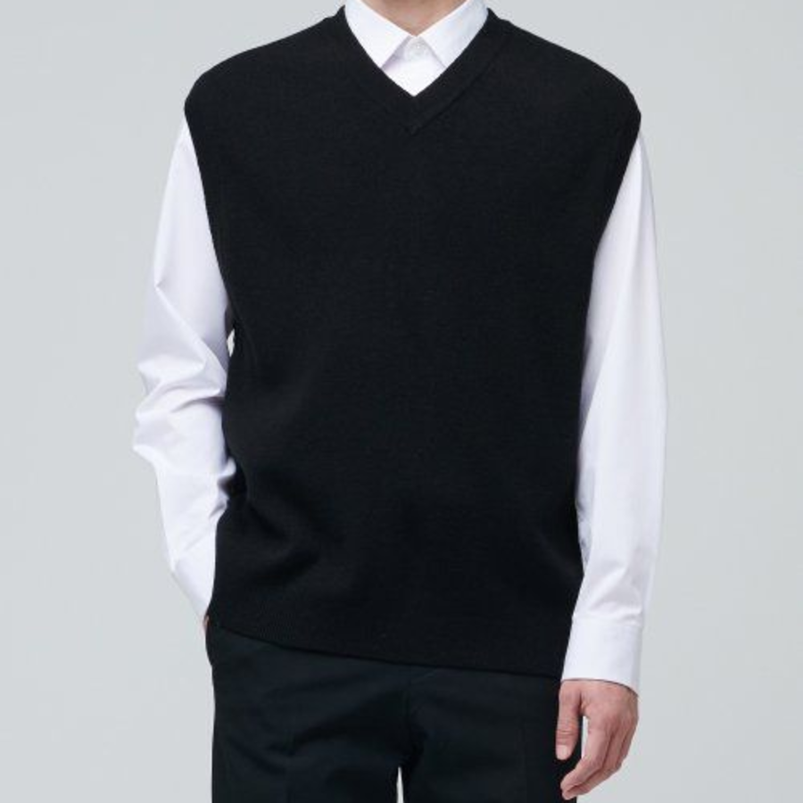 Lambswool V-Neck Knit Vest [Black]