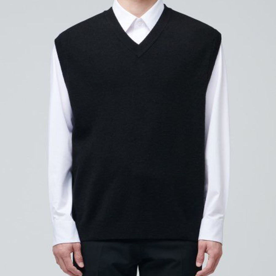 Lambswool V-Neck Knit Vest [Black]