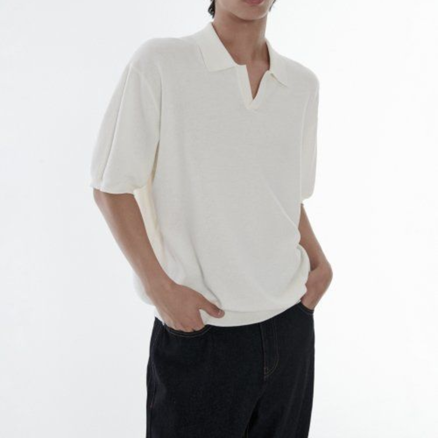 Cool Touch Slit-Neck Knitted Polo Shirt [Ivory]
