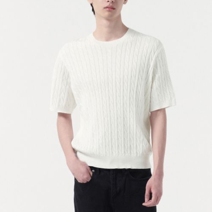 Cable Crew Neck Short-Sleeve Knit [Ivory]