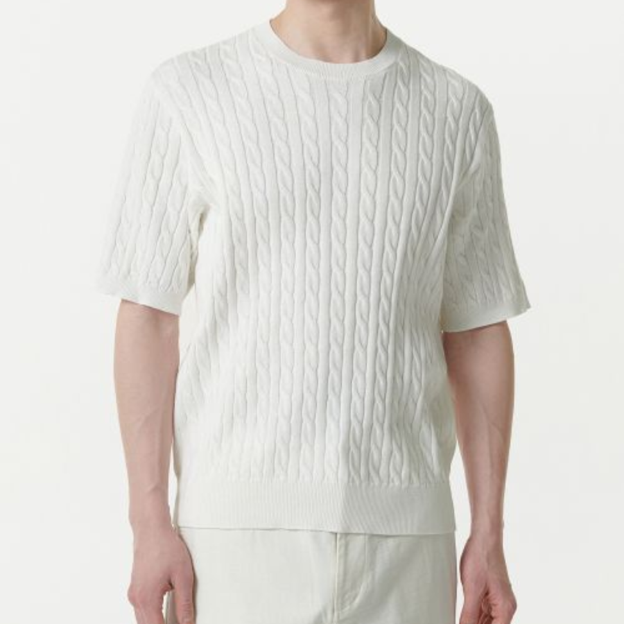 Cable Crew Neck Short-Sleeve Knit [Ivory]
