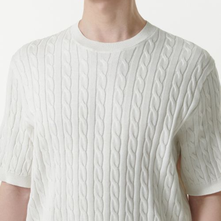 Cable Crew Neck Short-Sleeve Knit [Ivory]