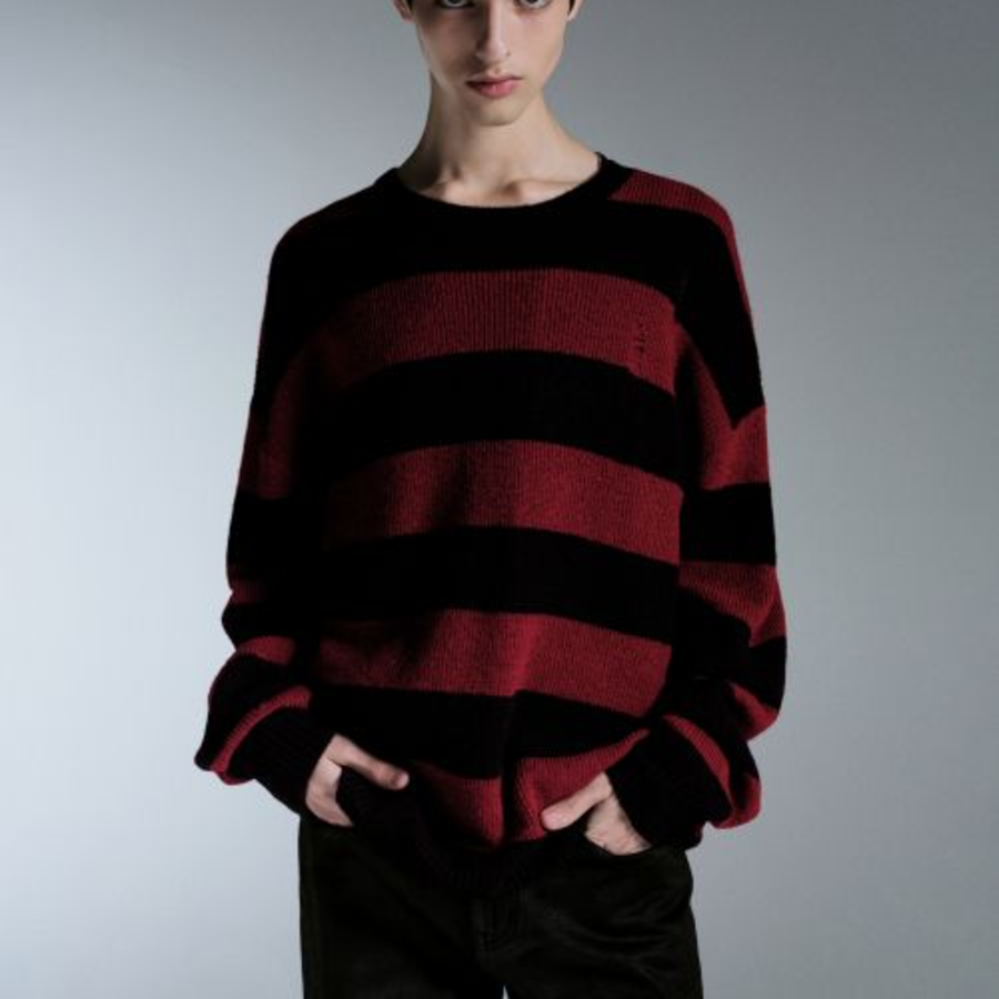 90s Grunge Stripe Crew Neck Knit [Black/Red]