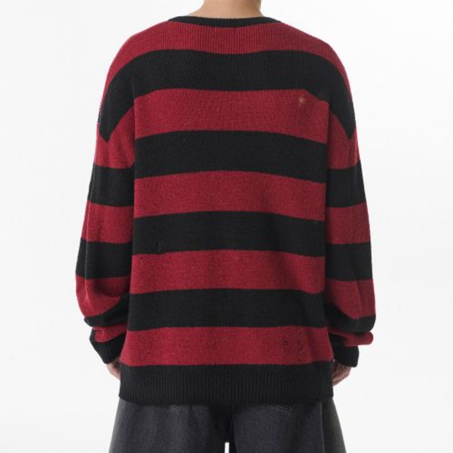 90s Grunge Stripe Crew Neck Knit [Black/Red]