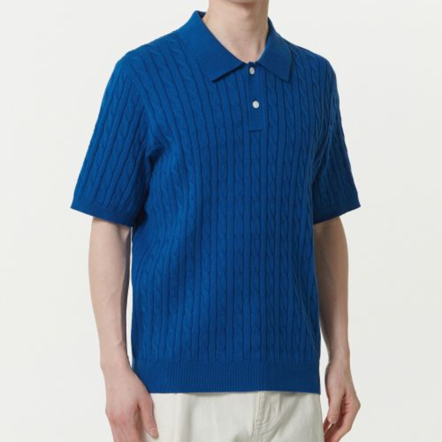 Cable Knitted Polo Shirt [Blue]