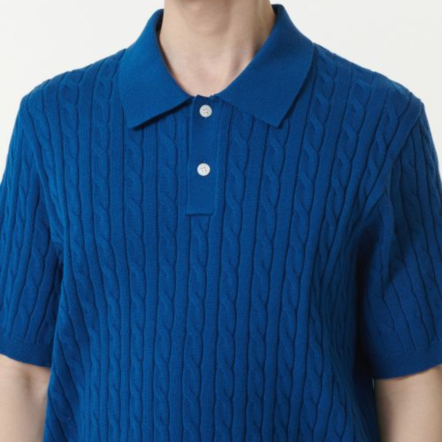 Cable Knitted Polo Shirt [Blue]
