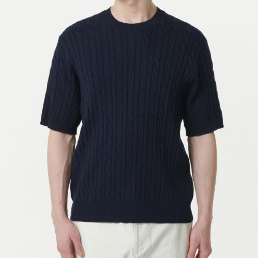 Cable Crew Neck Short-Sleeve Knit [Navy]