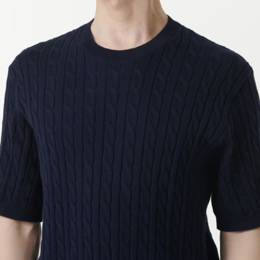 Cable Crew Neck Short-Sleeve Knit [Navy]