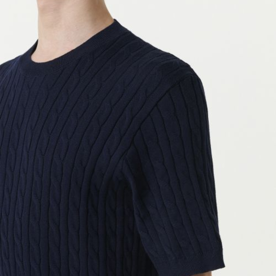 Cable Crew Neck Short-Sleeve Knit [Navy]
