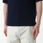 Cable Crew Neck Short-Sleeve Knit [Navy]