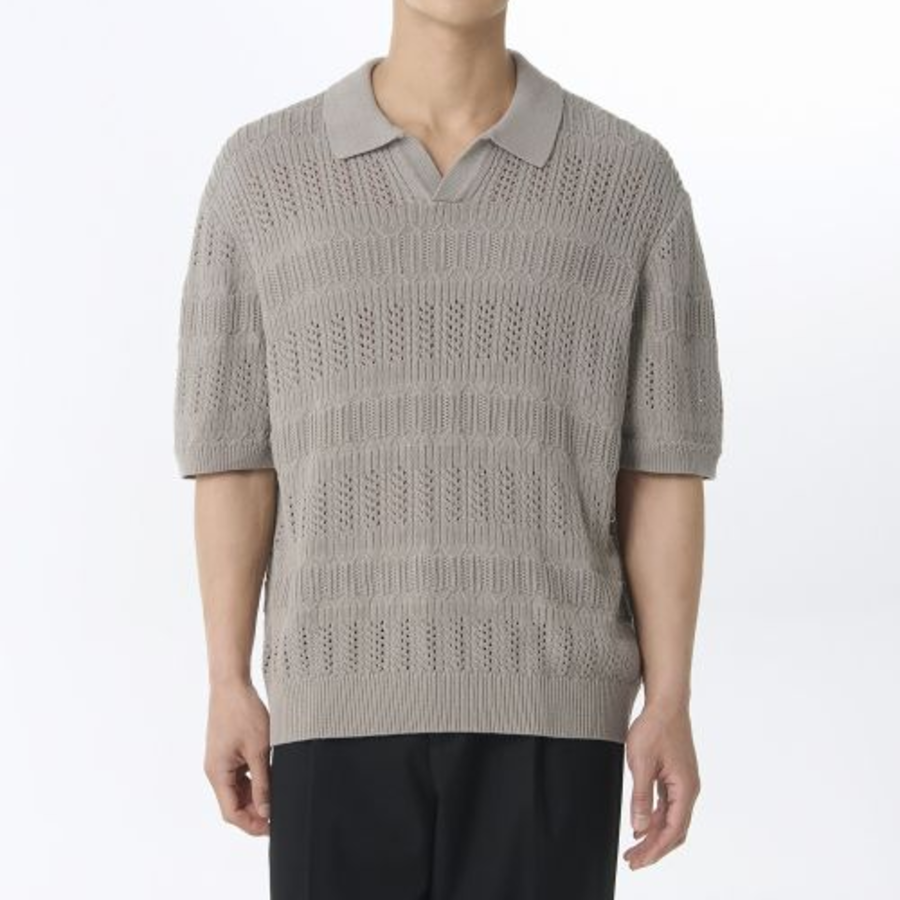Multi Crochet Slit-Neck Knitted Polo Shirt [Light Grey]