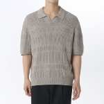 Multi Crochet Slit-Neck Knitted Polo Shirt [Light Grey]