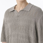 Multi Crochet Slit-Neck Knitted Polo Shirt [Light Grey]