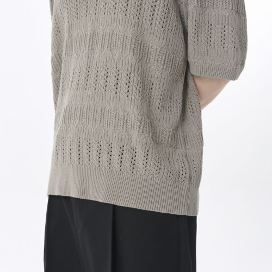 Multi Crochet Slit-Neck Knitted Polo Shirt [Light Grey]