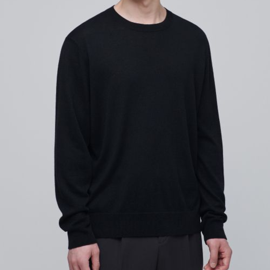 Merino Wool Blend High Gauge Crew Neck Knit [Black]