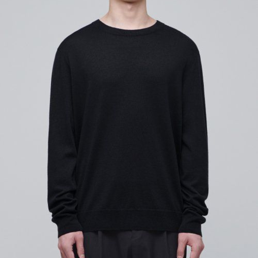 Merino Wool Blend High Gauge Crew Neck Knit [Black]