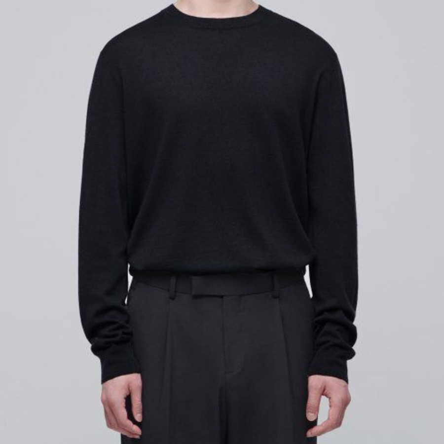 Merino Wool Blend High Gauge Crew Neck Knit [Black]