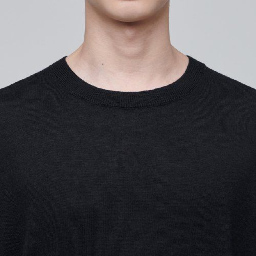Merino Wool Blend High Gauge Crew Neck Knit [Black]