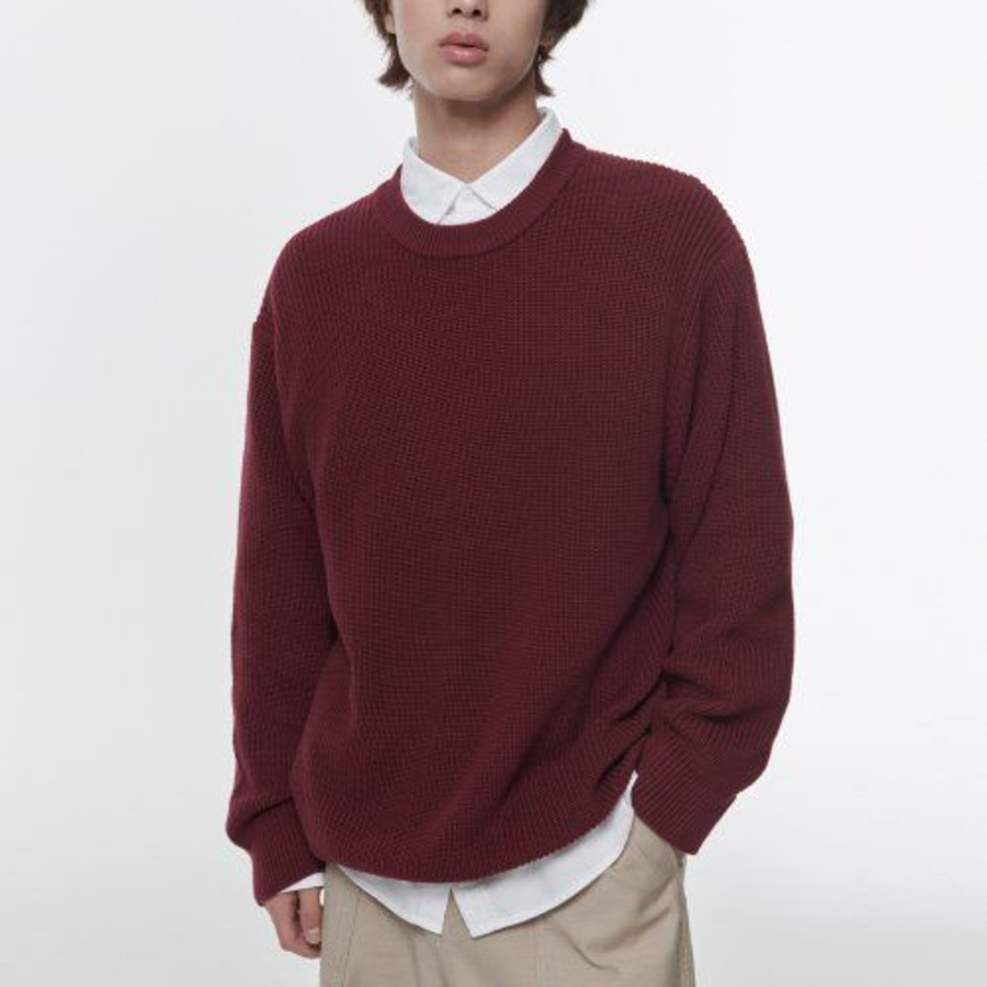 Cotton Ribbed Crew Neck Knit [Burgundy]