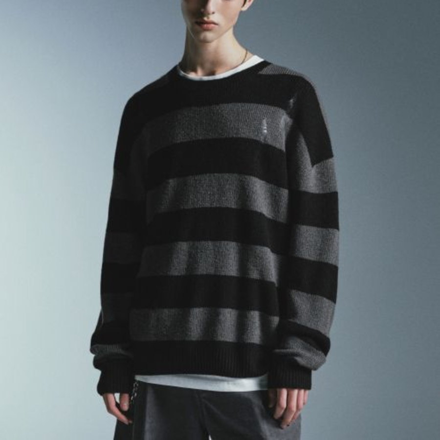 90s Grunge Stripe Crew Neck Knit [Gray/Black]