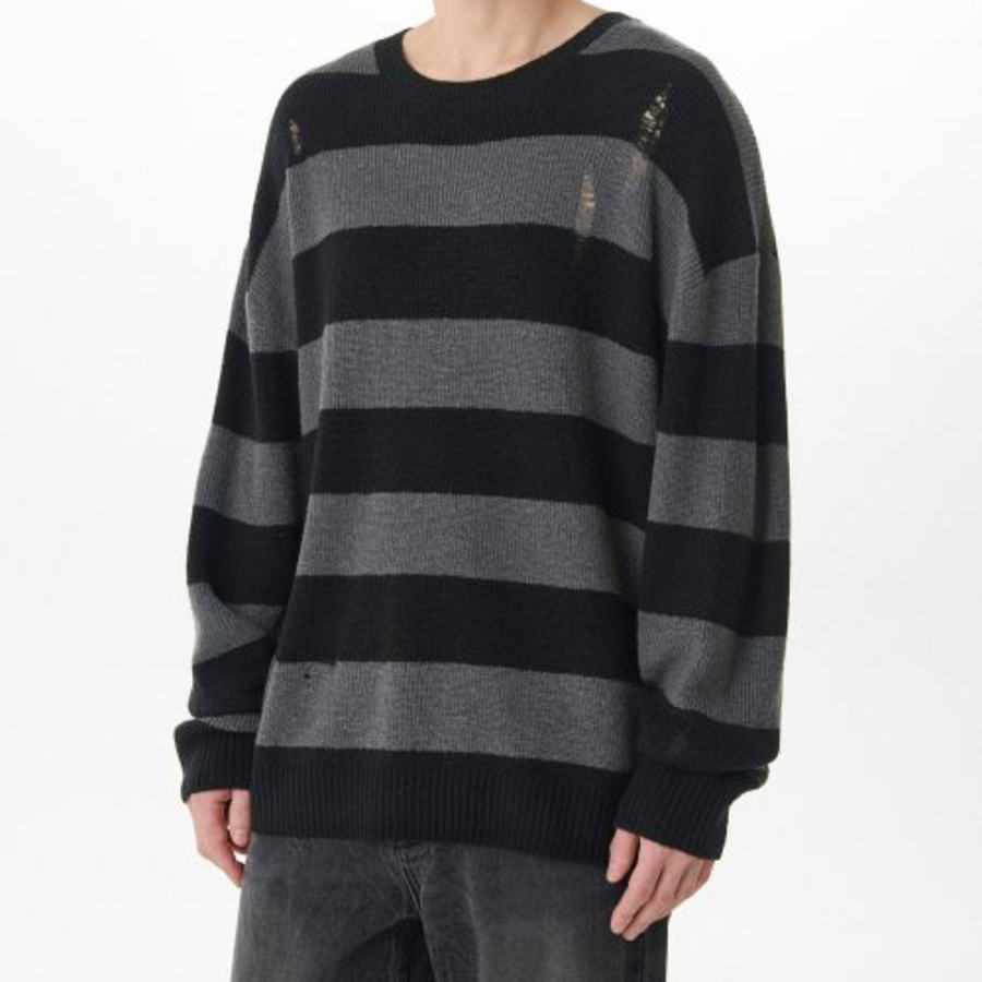 90s Grunge Stripe Crew Neck Knit [Gray/Black]
