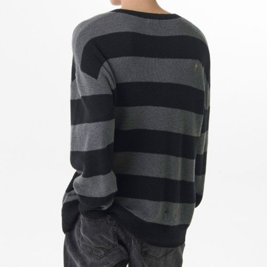 90s Grunge Stripe Crew Neck Knit [Gray/Black]