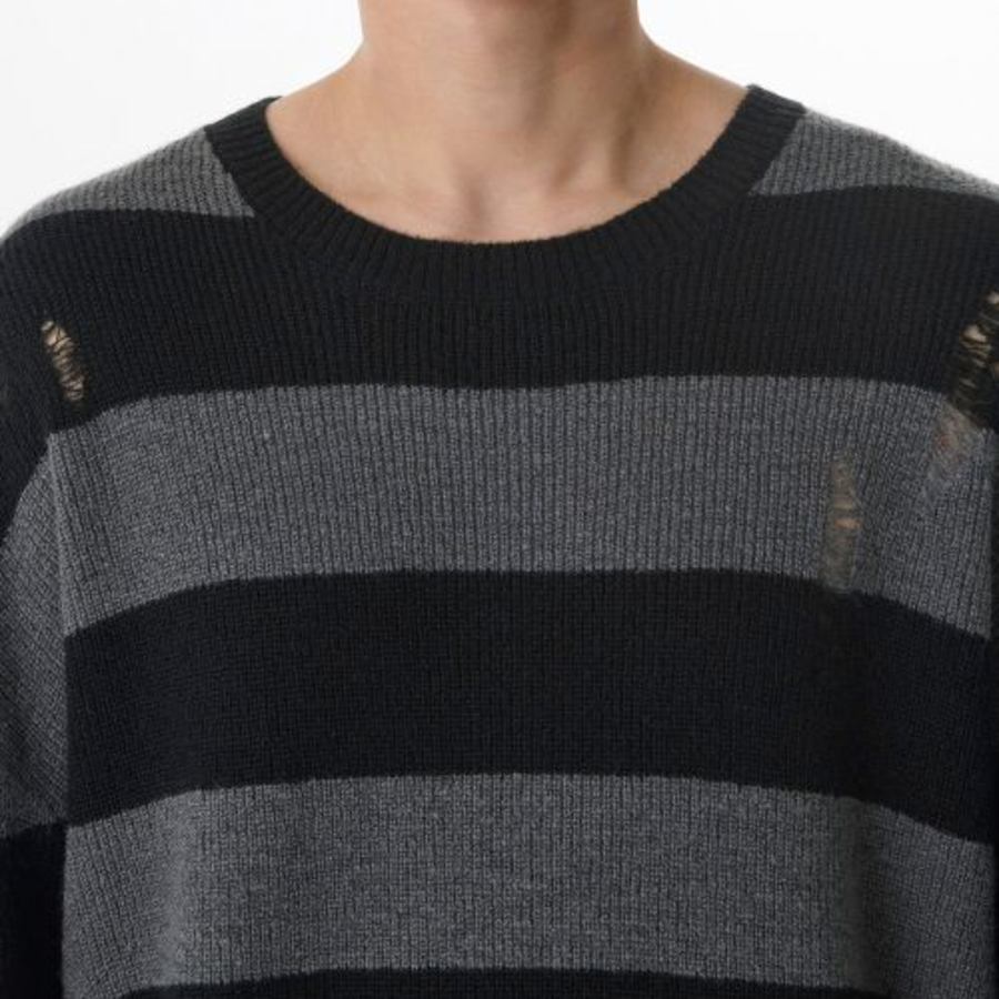 90s Grunge Stripe Crew Neck Knit [Gray/Black]
