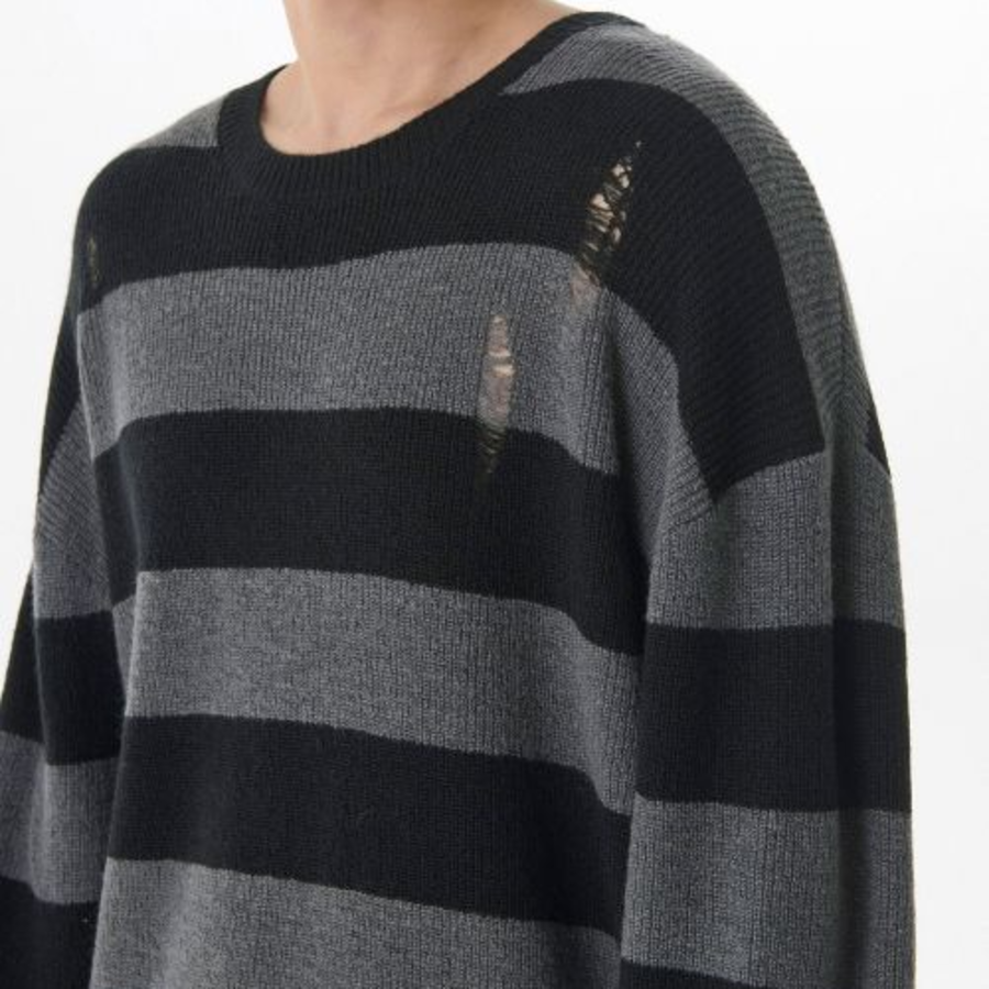 90s Grunge Stripe Crew Neck Knit [Gray/Black]