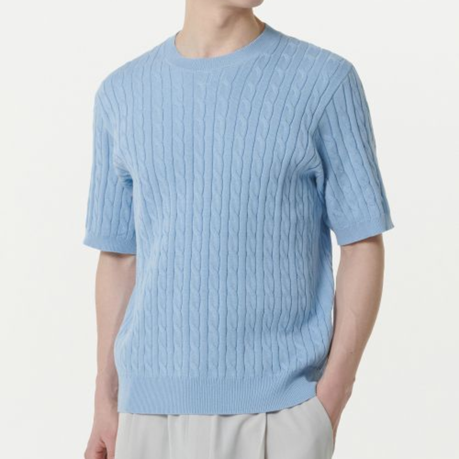Cable Crew Neck Short-Sleeve Knit [Sky Blue]