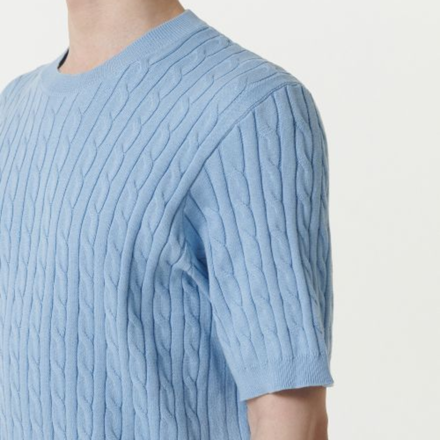 Cable Crew Neck Short-Sleeve Knit [Sky Blue]