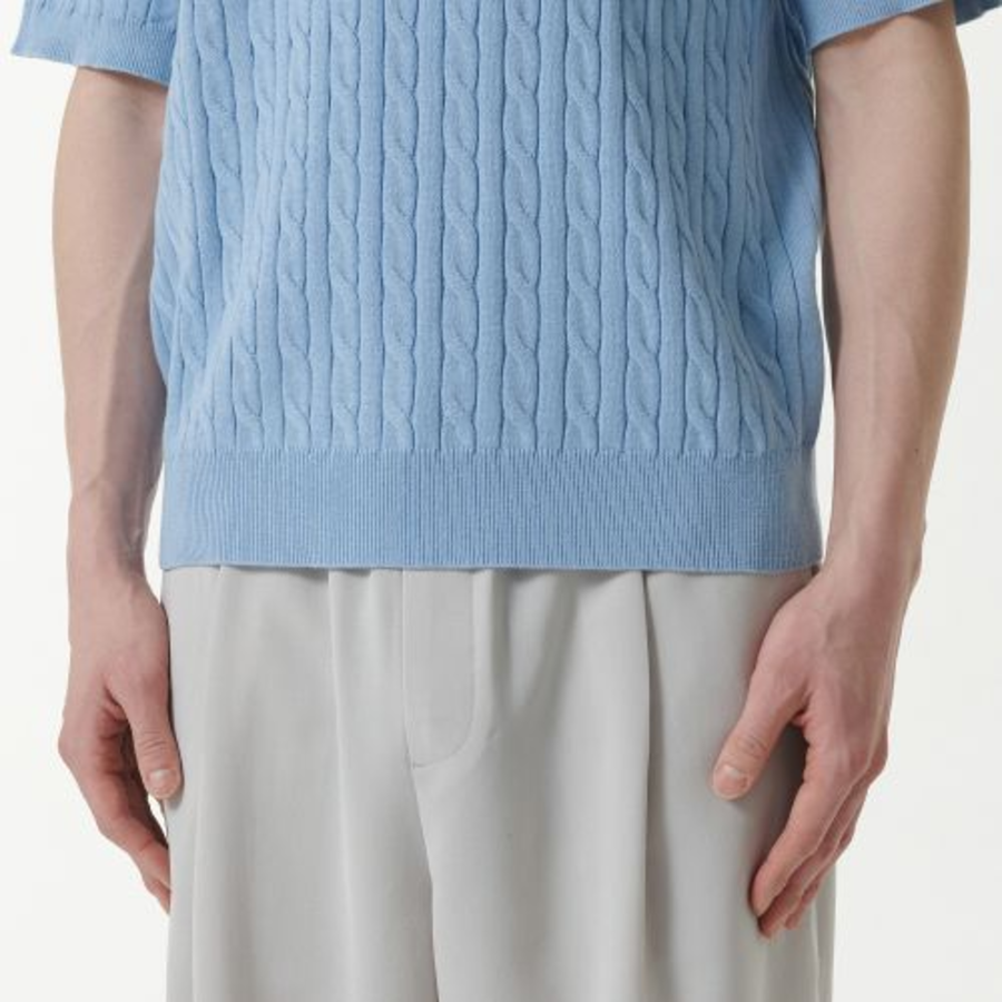 Cable Crew Neck Short-Sleeve Knit [Sky Blue]