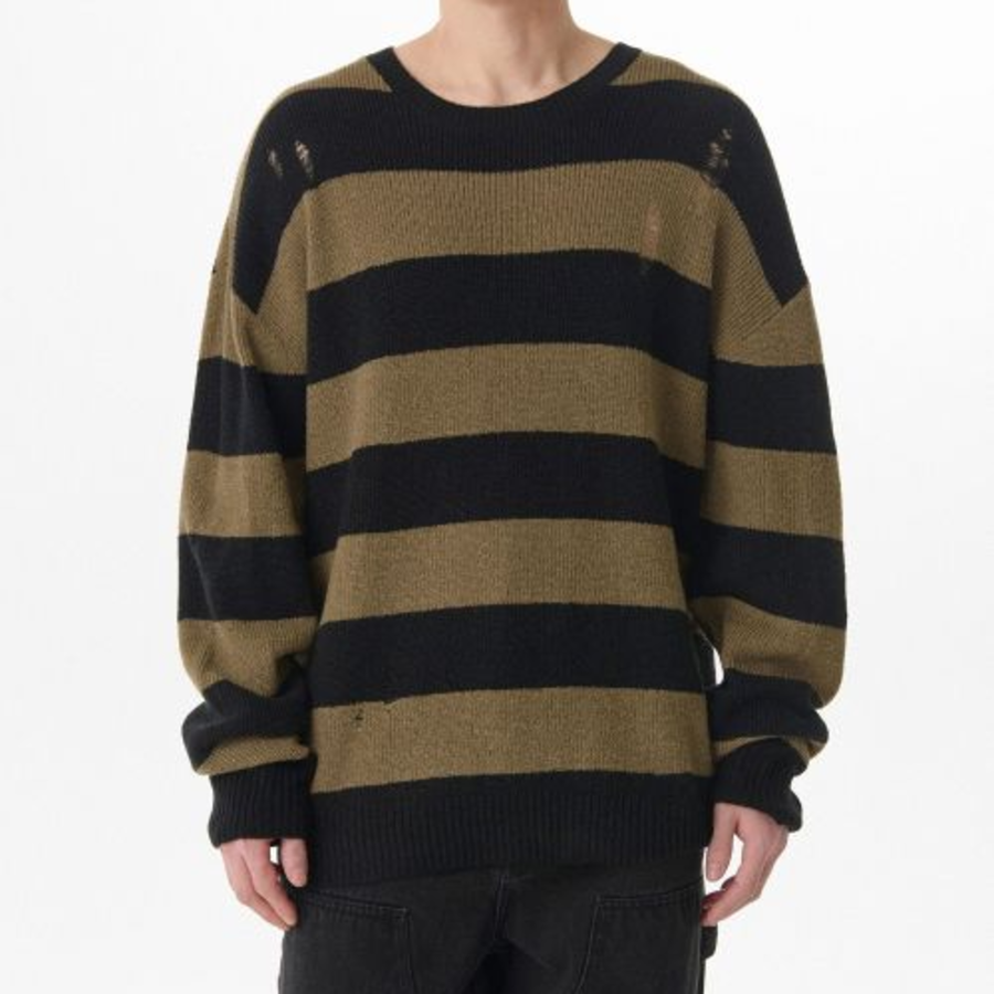 90s Grunge Stripe Crew Neck Knit [Beige/Black]